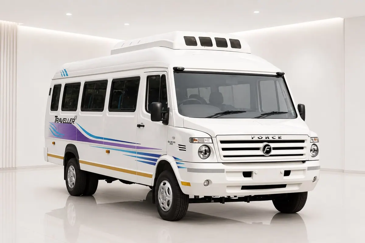 White 12 seater Tempo Traveller parked at a scenic viewpoint